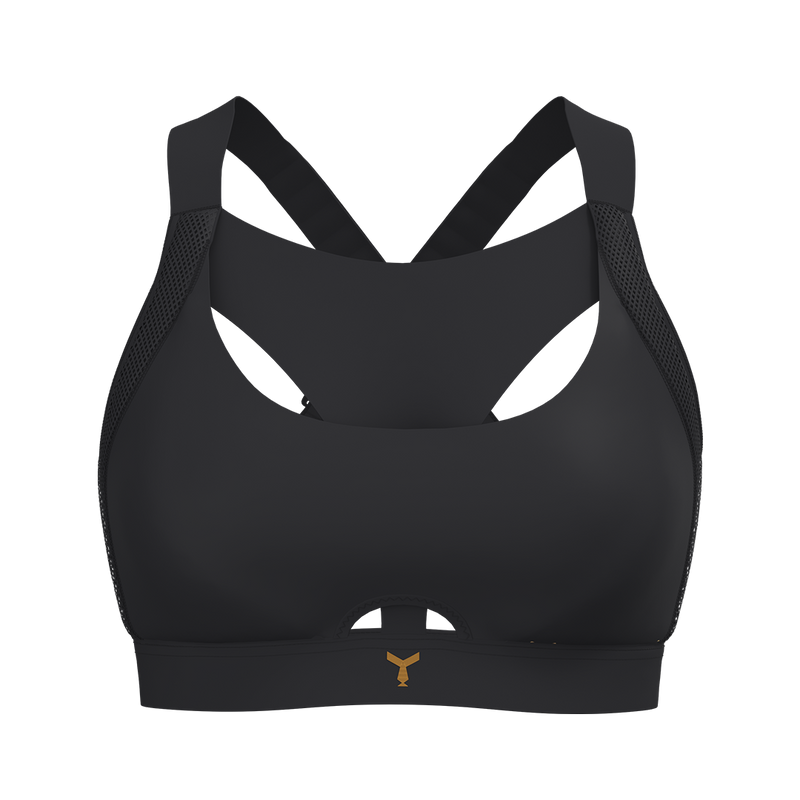 Front view of the black Tigers Eye sports bra, a combination bra with moulded cups for comfort and high support. Features The Vault: a Y-shaped front panel designed to reduce vertical breast movement, with antibacterial-treated fabric for enhanced freshness and performance.