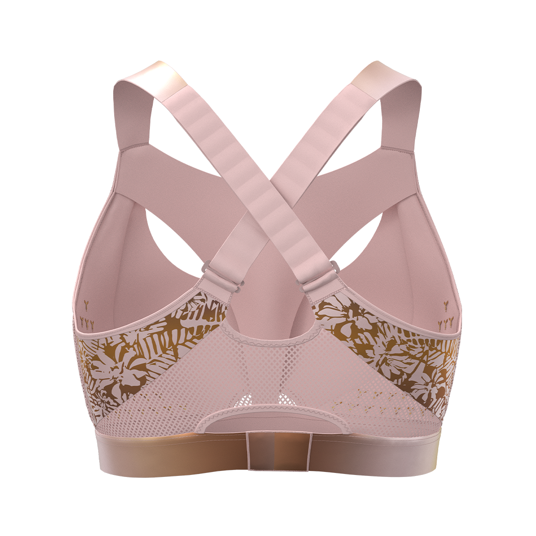 Back view of the Tigers Eye Orchid sports bra, displaying wide, crossed, padded adjustable and detachable straps in a soft pinky-brown hue. Features a breathable mesh panel, inner silicone lining for extra support, and a firm, adjustable underband with an ombre effect blending soft pink and brown for enhanced comfort and stability