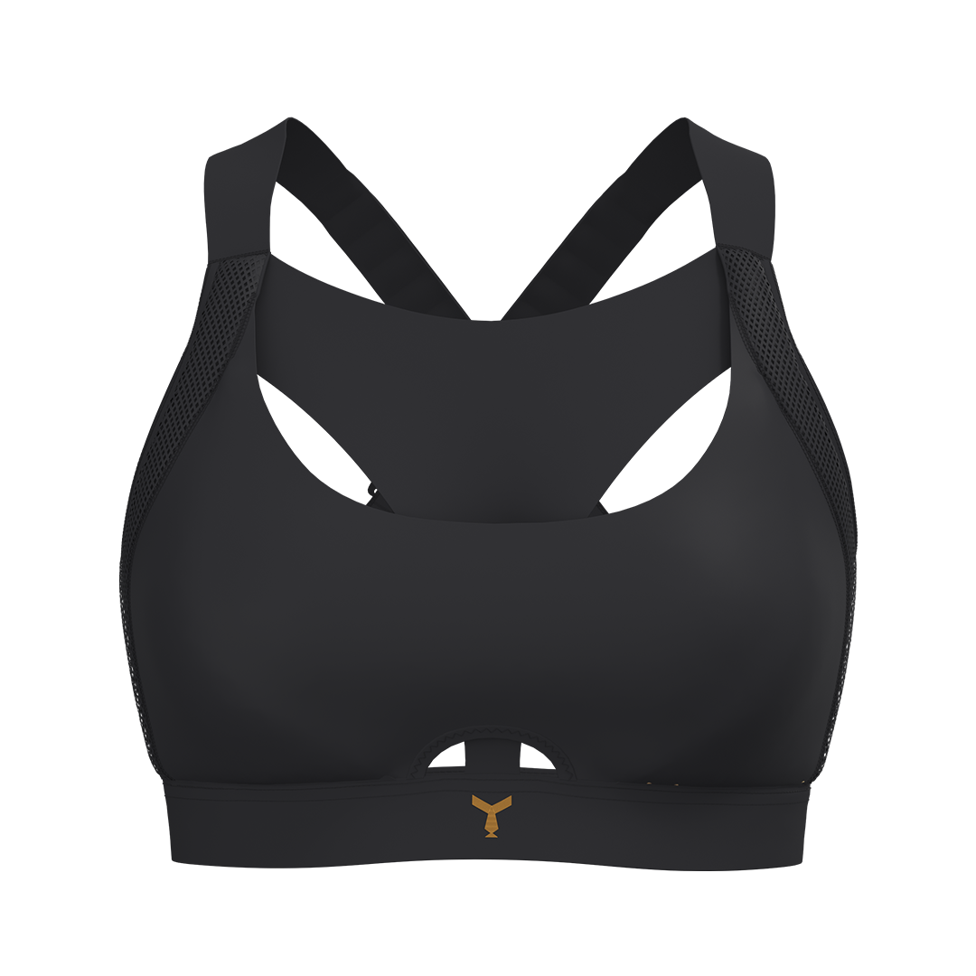 Front view of the black Tigers Eye sports bra, a combination bra with moulded cups for comfort and high support. Features The Vault: a Y-shaped front panel designed to reduce vertical breast movement, with antibacterial-treated fabric for enhanced freshness and performance.