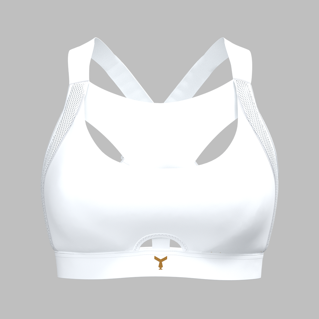 Front view of the Tigers Eye Snow sports bra, featuring moulded cups for comfort and high support. The Vault Y-shaped front panel reduces vertical movement with antibacterial-treated fabric.